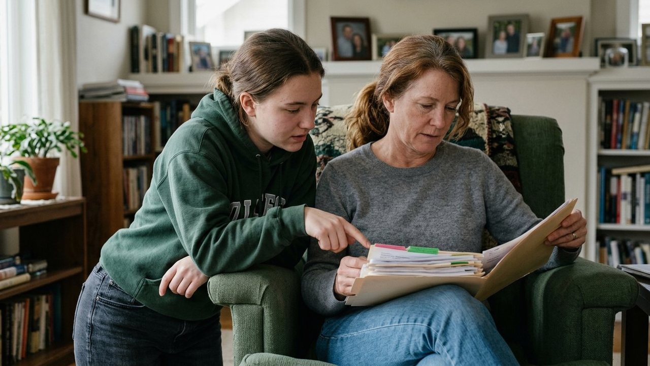 Veteran mother and adult daughter reviewing a folder in reading chair