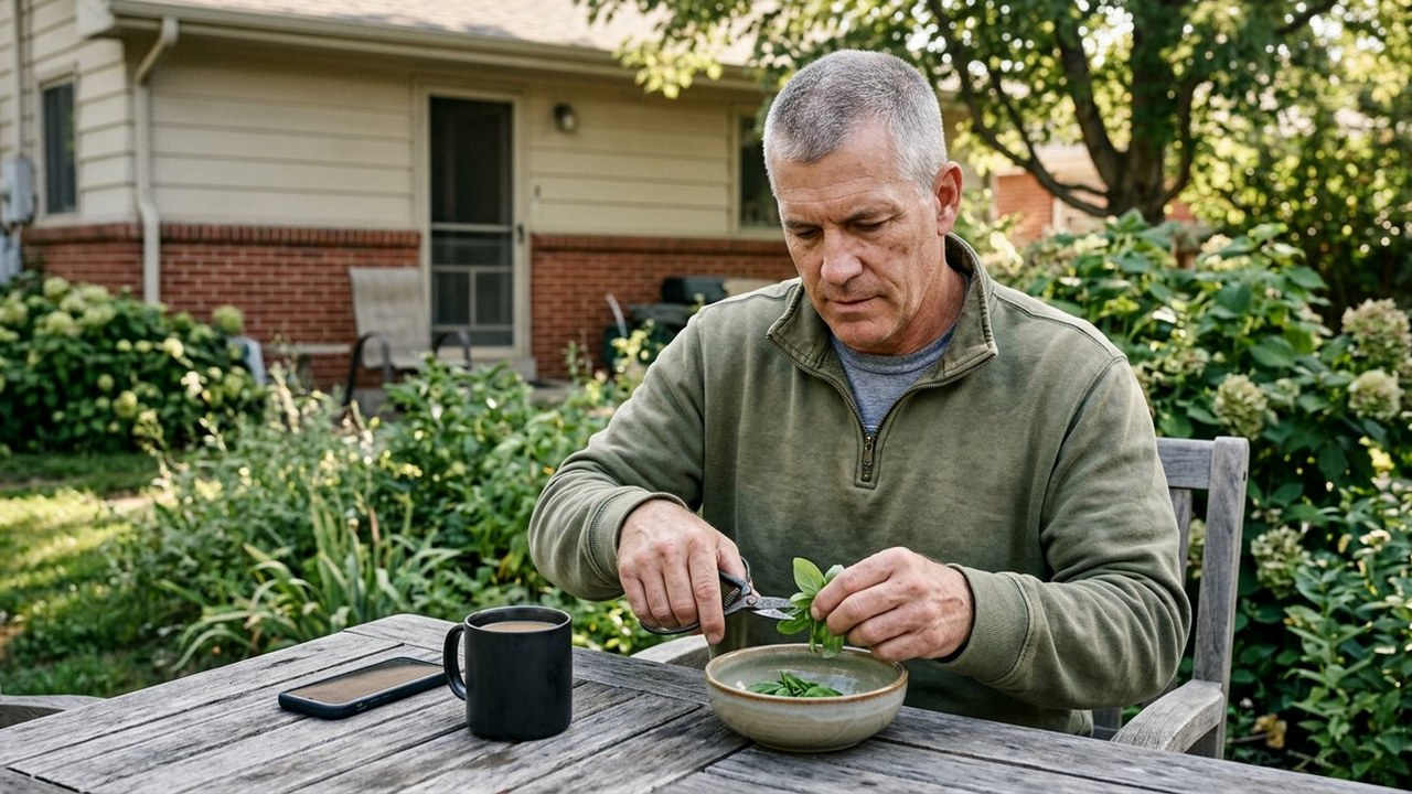 Veteran with close-cropped hair trimming basil at a garden table