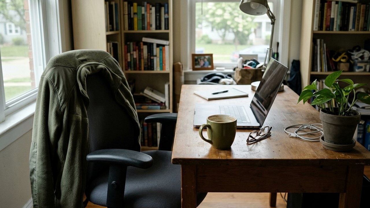 Quiet home office desk with closed laptop and coffee mug