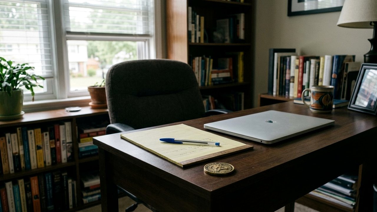 Empty study desk with closed laptop, yellow notepad and pen