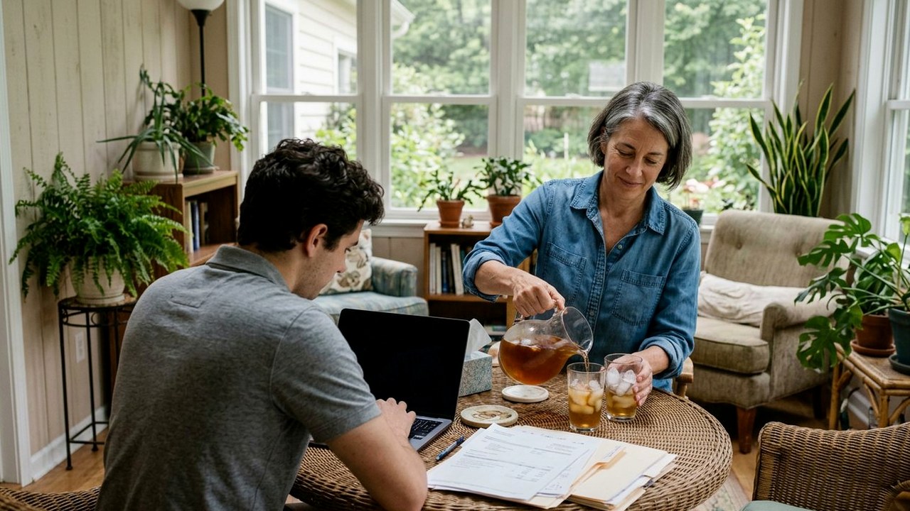 Veteran pours iced tea for younger colleague in sunroom