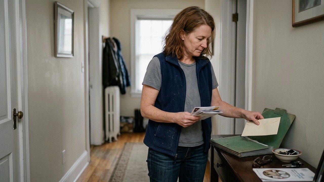 Woman sorting mail into a folder at a hallway console table