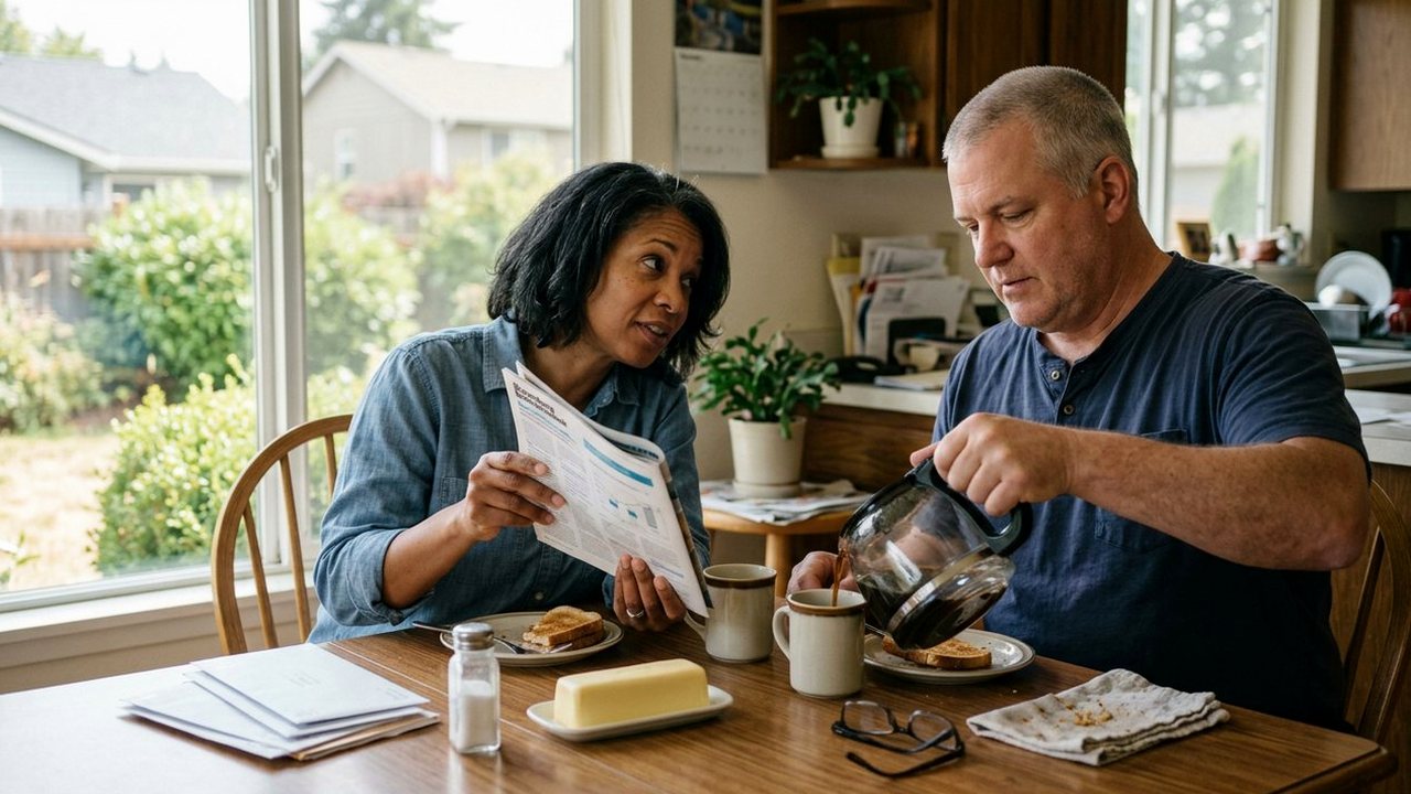 Two friends sharing coffee and a financial magazine in a breakfast nook