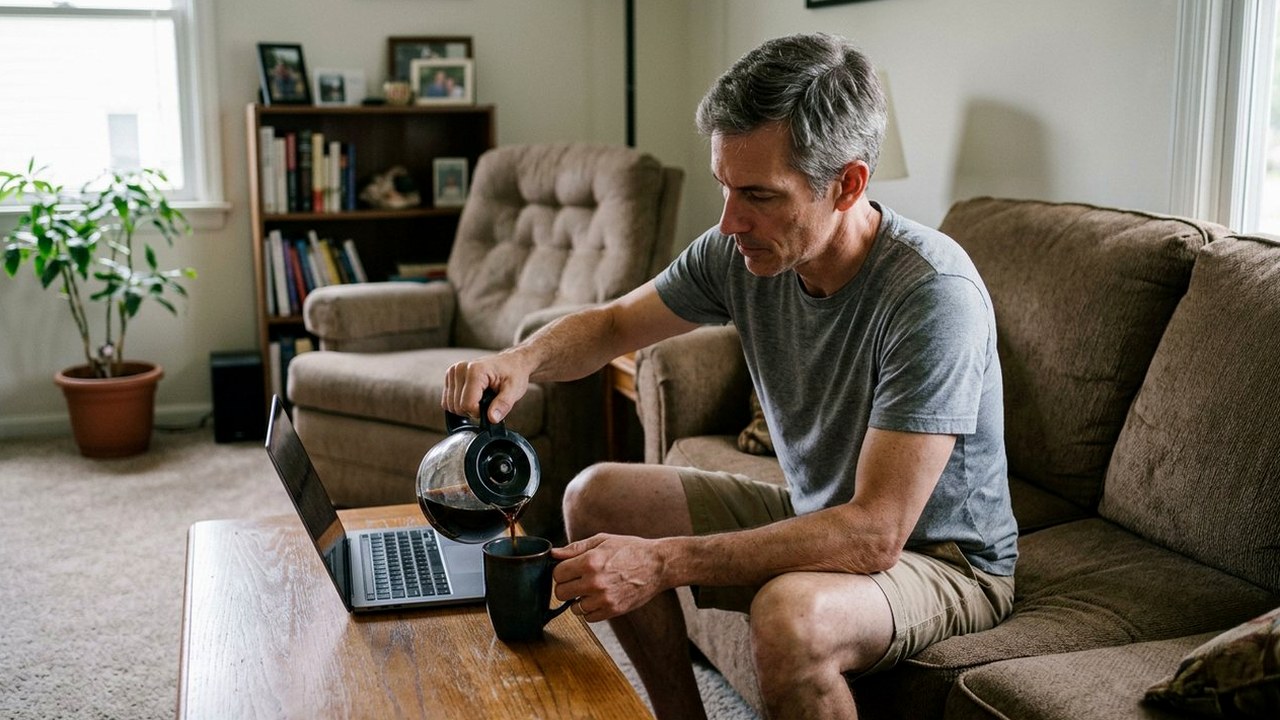 Man in his late forties pouring coffee beside a laptop at home
