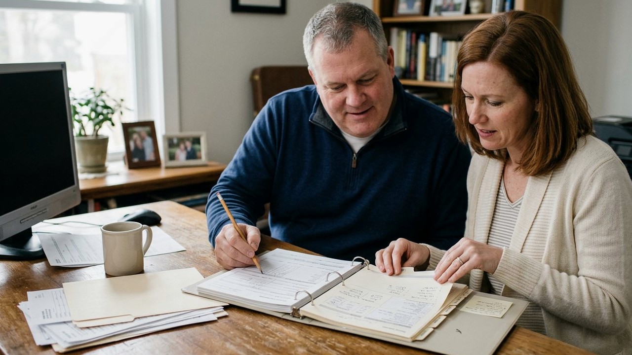 Veteran and wife marking pages in an open retirement binder