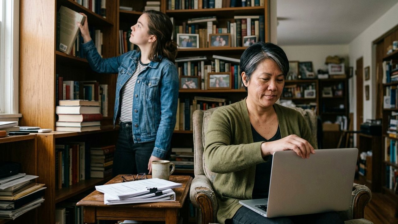 Mother closing laptop as adult daughter reshelves a book in home library