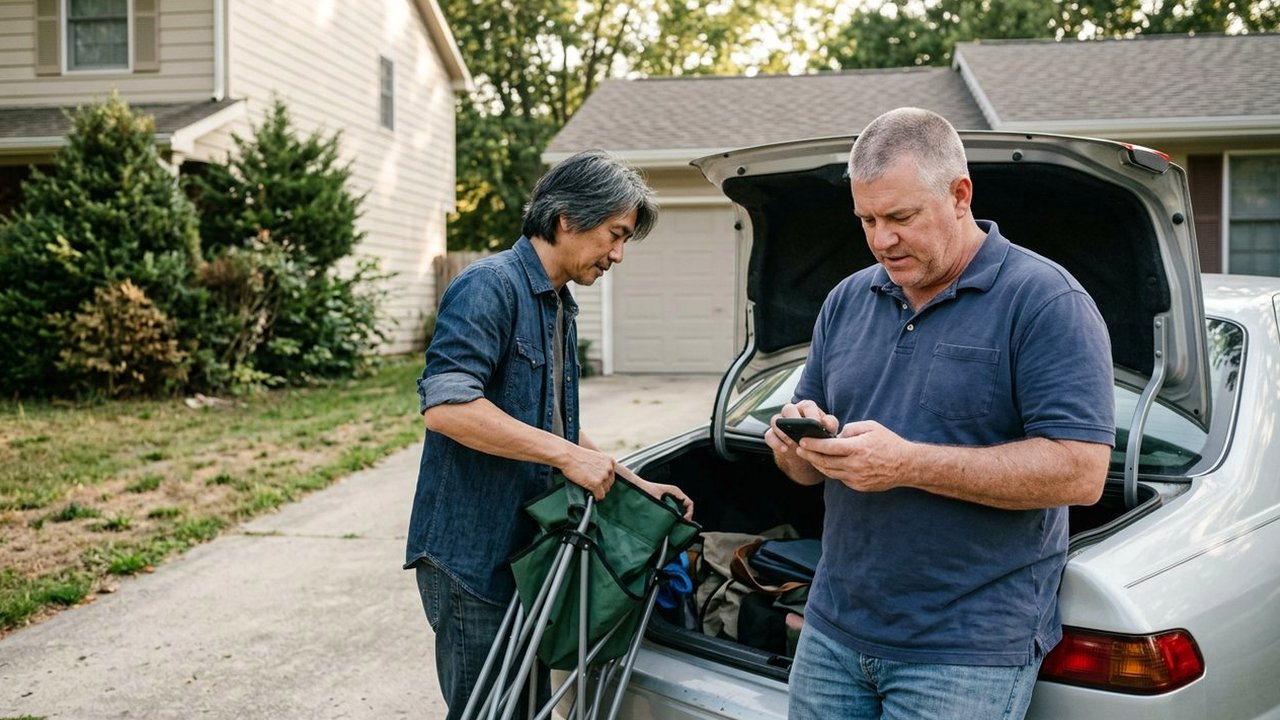 Two friends at a sedan's open trunk in a sunny driveway