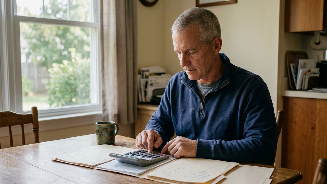 Veteran with close-cropped hair using a calculator beside kitchen-table folders
